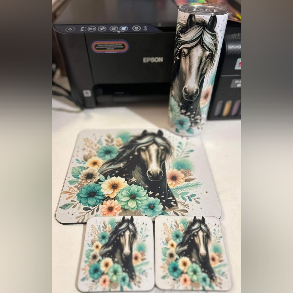 Horse Floral Coasters, Mouse Pad and Tumbler Set